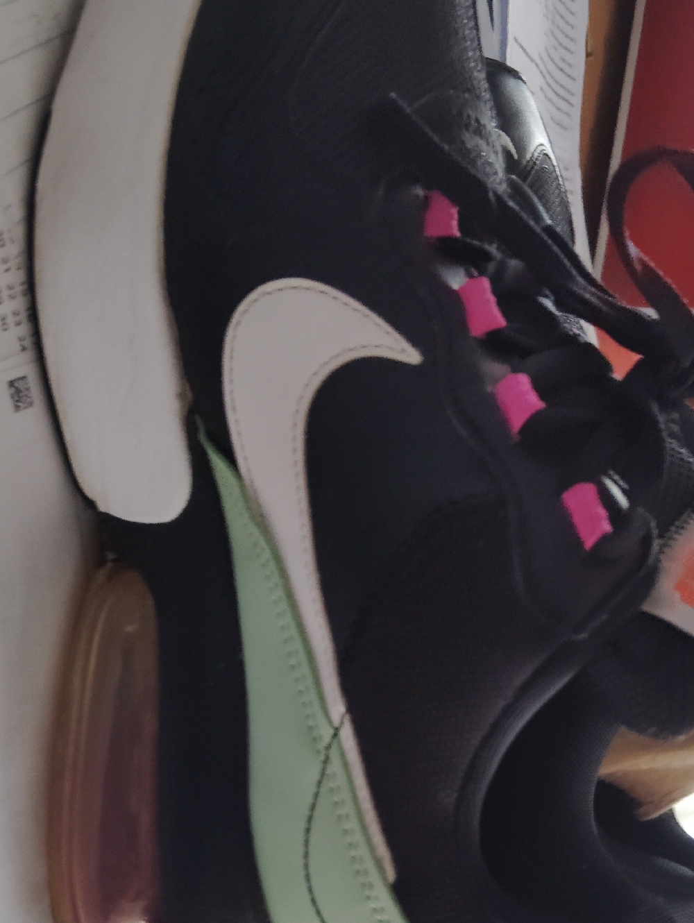 Nike Black Sneaker with White Swoosh, Pink Lace Tabs and Mint Accent